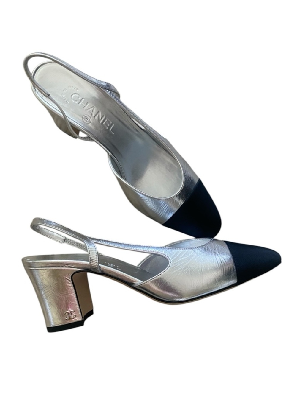 CHANEL Rare Silver Slingback Heels Cap Toe 39 Iconic Pumps Worn 3x - Picture 2 of 16